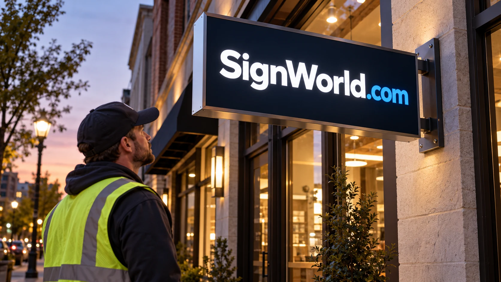 Commercial signage setting illustrating a trade desk